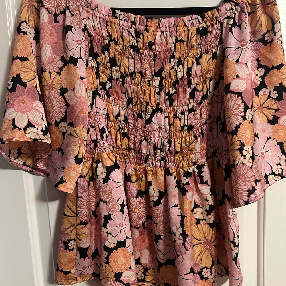 Chenault Pink and Gold Floral Smocked Peplum Blouse